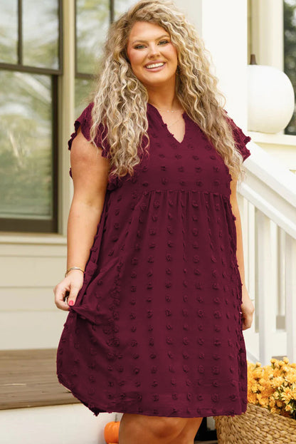 Burgundy Plus Size Swiss Dot Ruffled Sleeve V Neck Dress