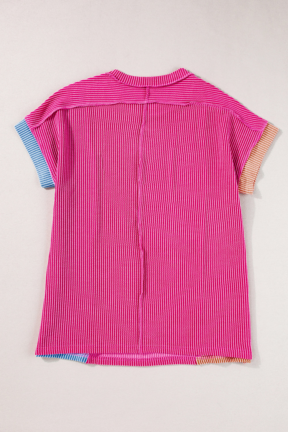 Apricot Pink Colorblock Ribbed Round Neck T Shirt