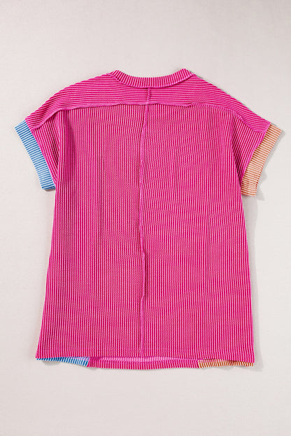 Apricot Pink Colorblock Ribbed Round Neck T Shirt