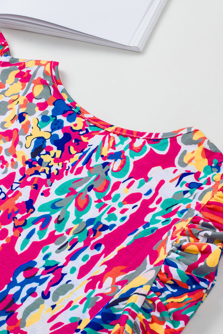 Rosy Boho Abstract Print Color Block Ruffle Babydoll Sleeveless Shirt