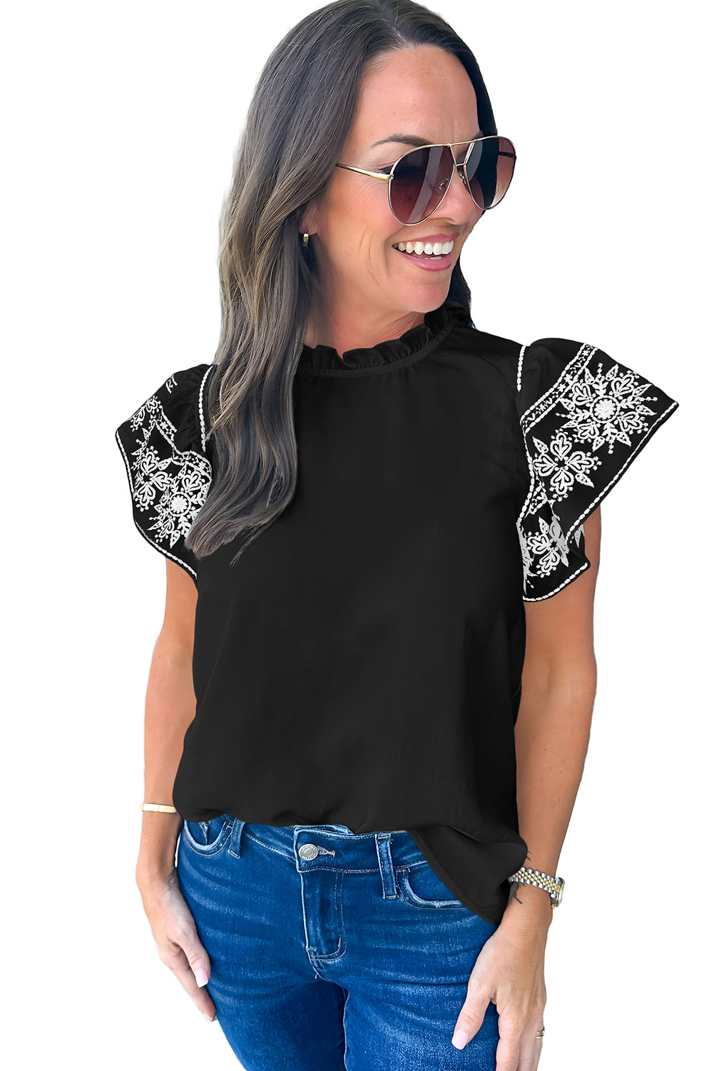Black Embroidered Ruffled Sleeve Frill Neck Blouse