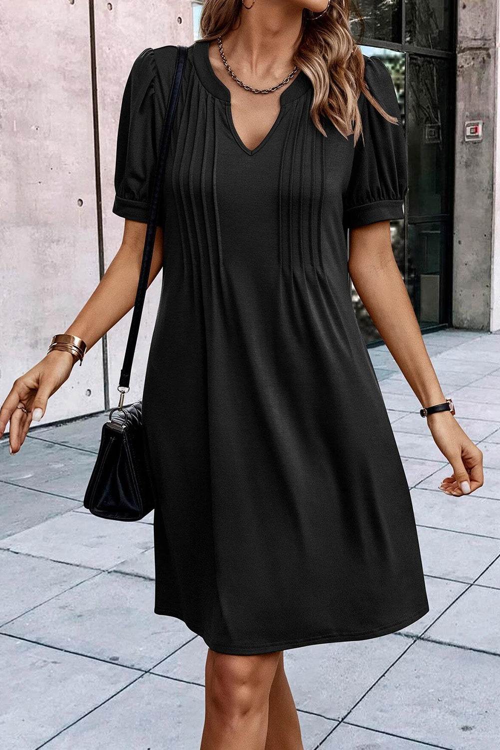 Black Notched Neck Puff Sleeve Pleated