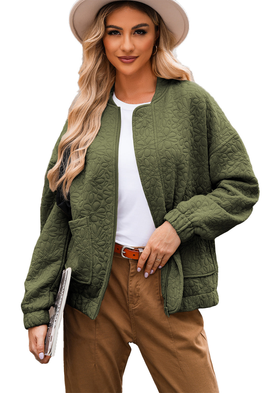 Jungle Green Plain Floral Embossed Zip Up Jacket