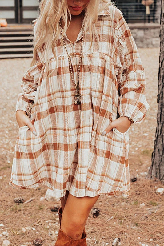 Brown Collared Long Sleeve Plaid Dress with Pockets