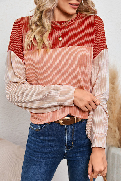 Khaki Color Block Ribbed Loose Long Sleeve Top