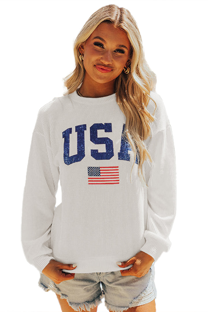 White USA Flag Print Ribbed Drop Shoulder Sweatshirt