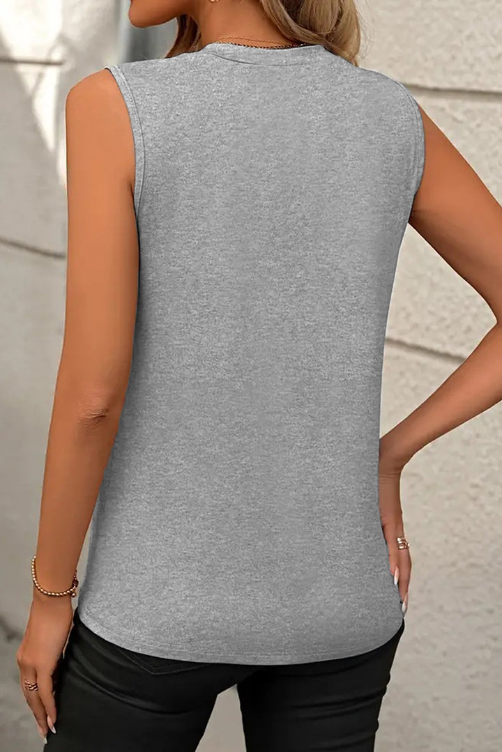 Gray Solid Color Crew Neck Pleated Sleeveless Top