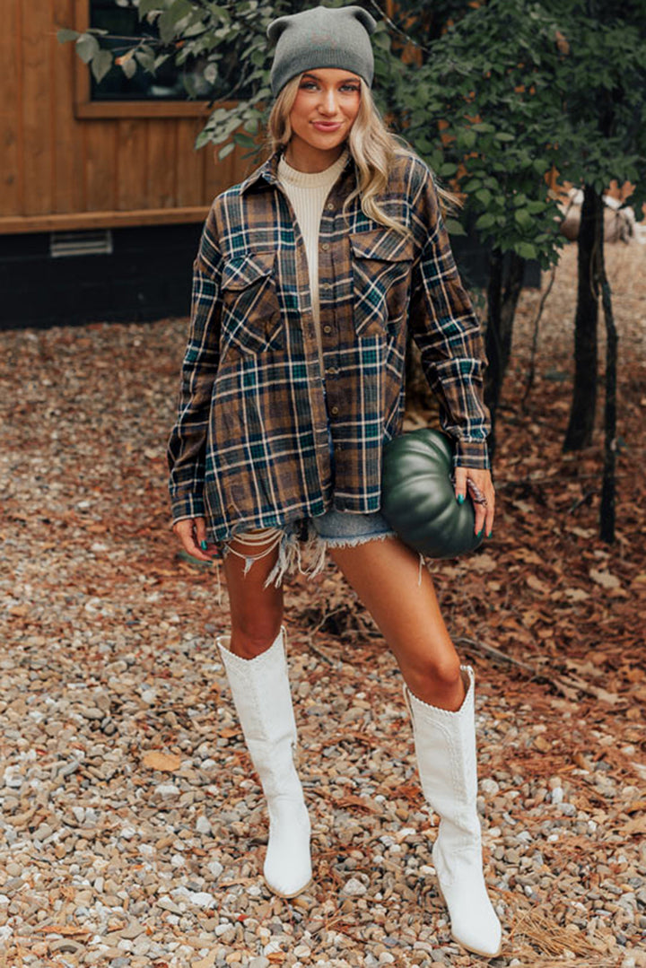 Brown Plaid Print Chest Pockets Buttoned Shacket