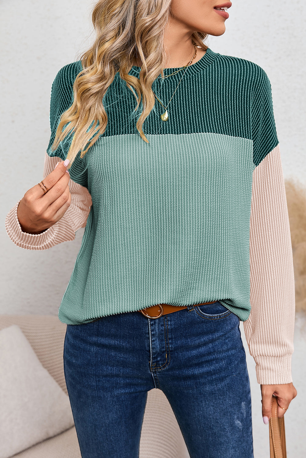 Khaki Color Block Ribbed Loose Long Sleeve Top