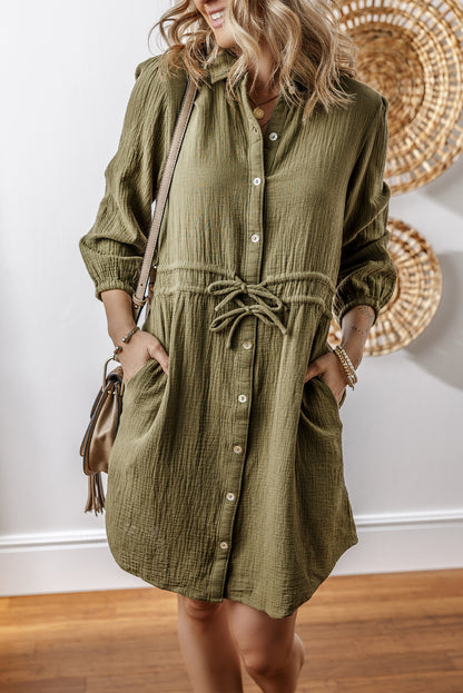 Jungle Green Textured Bracelet Sleeve Button Up Mini Dress