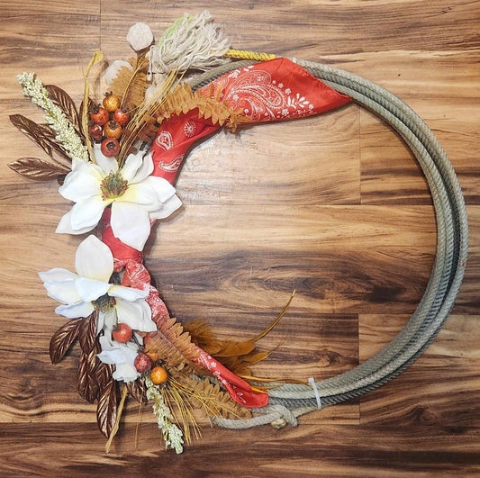 Magnolia and Bandana Lariat Rope Wreath