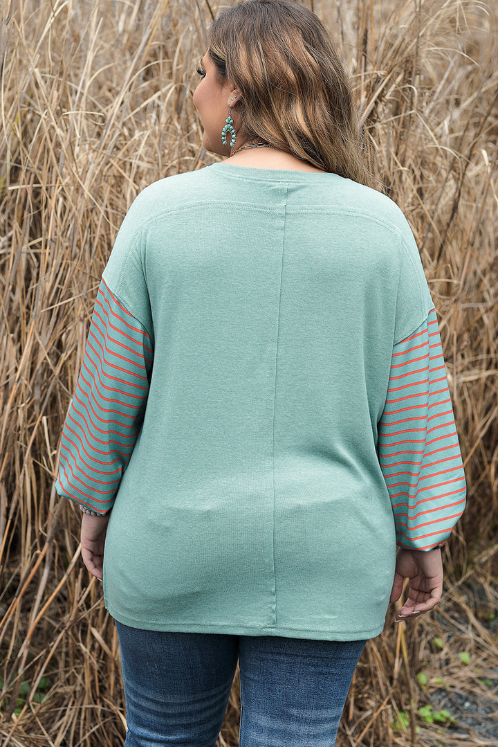 Green Striped Long Sleeve Colorblock Top