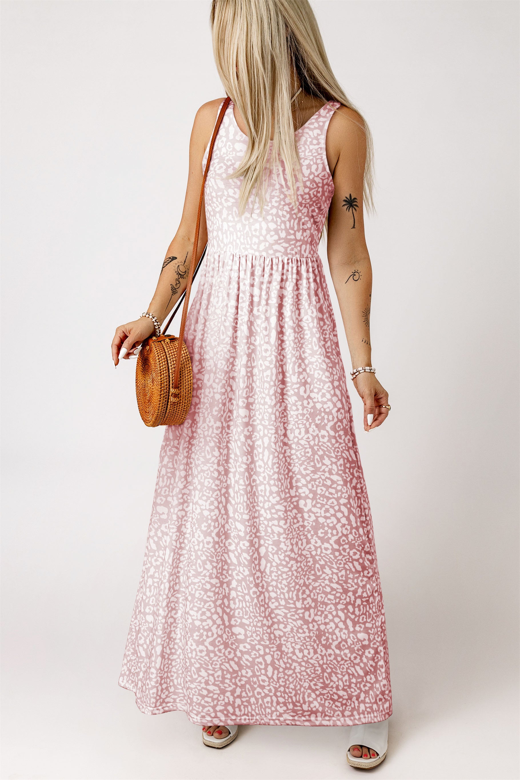 Pink Sleeveless Floor Length Leopard Print Dress