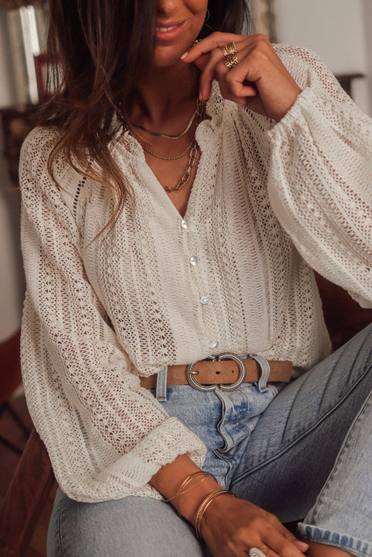 White Frill V-neck Puff Sleeve Lace Blouse