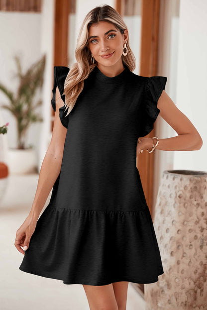 Black Solid Color Ruffle Hem Mini Dress