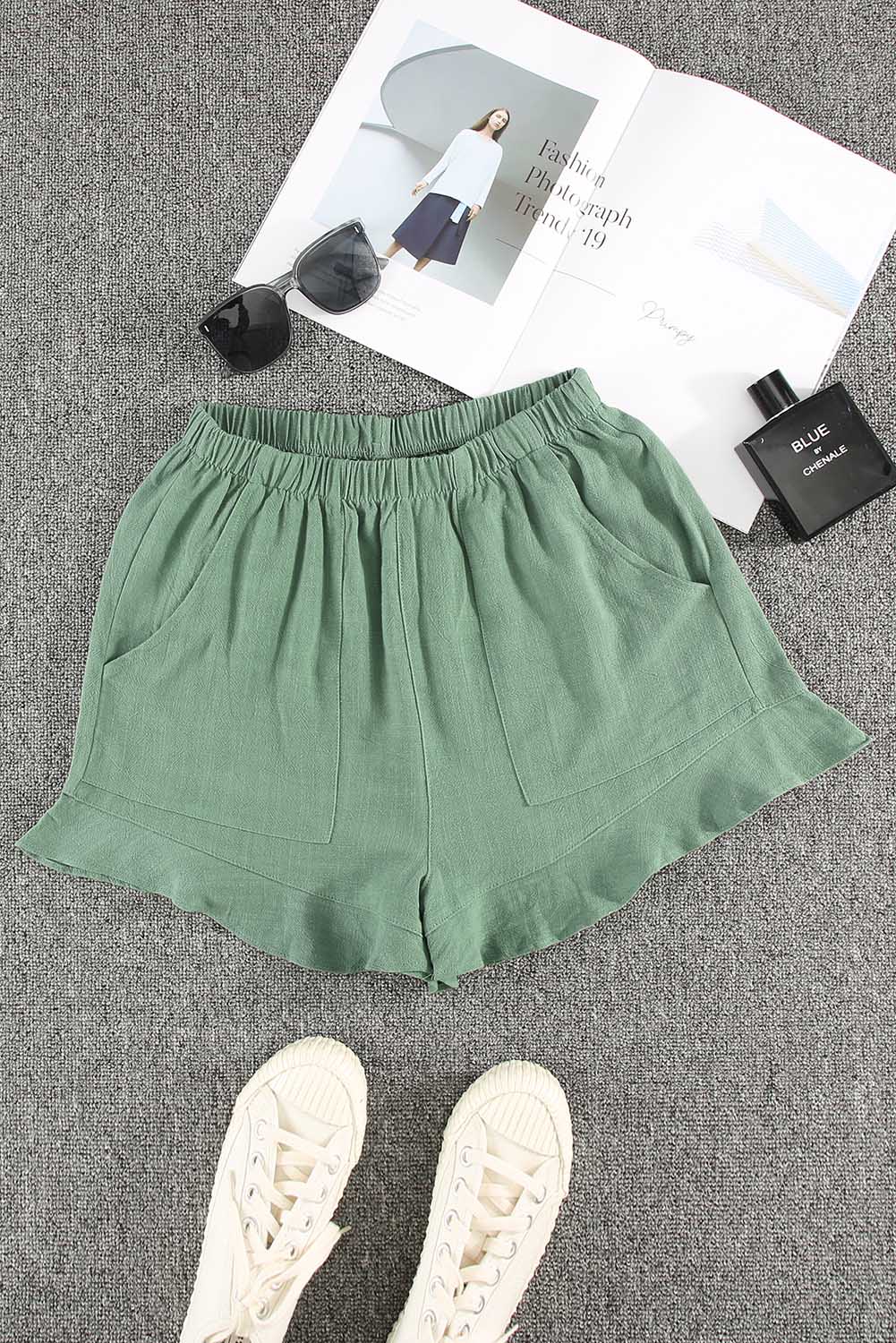 Khaki Casual Pocketed Ruffle High Waist Shorts