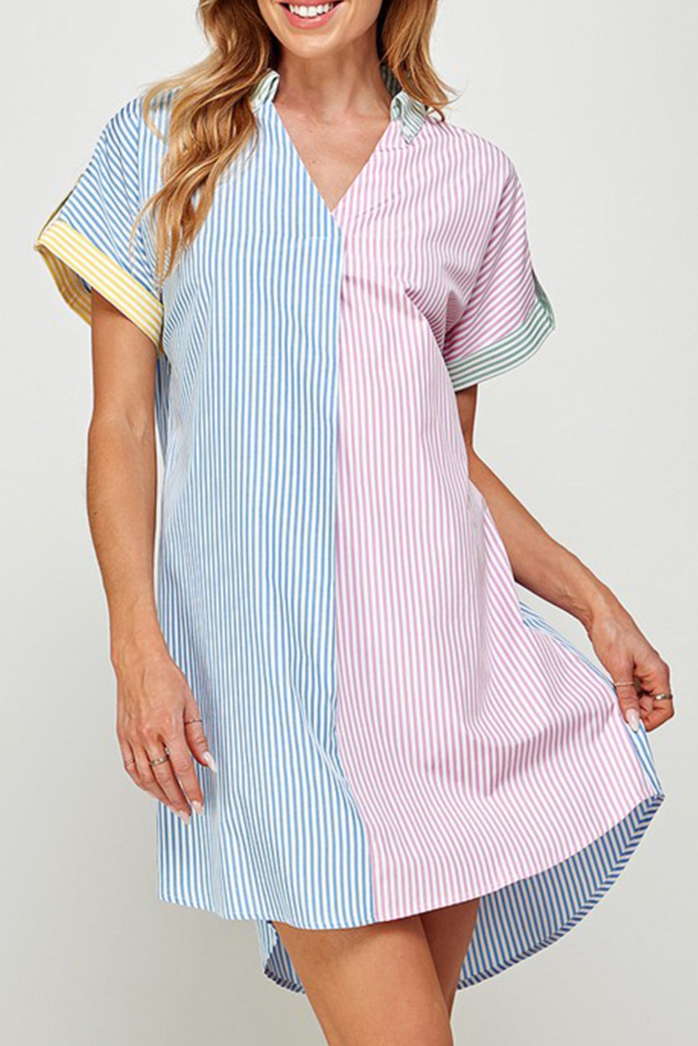 Sky Blue Stripe Colorblock Collared Mini Shirt Dress