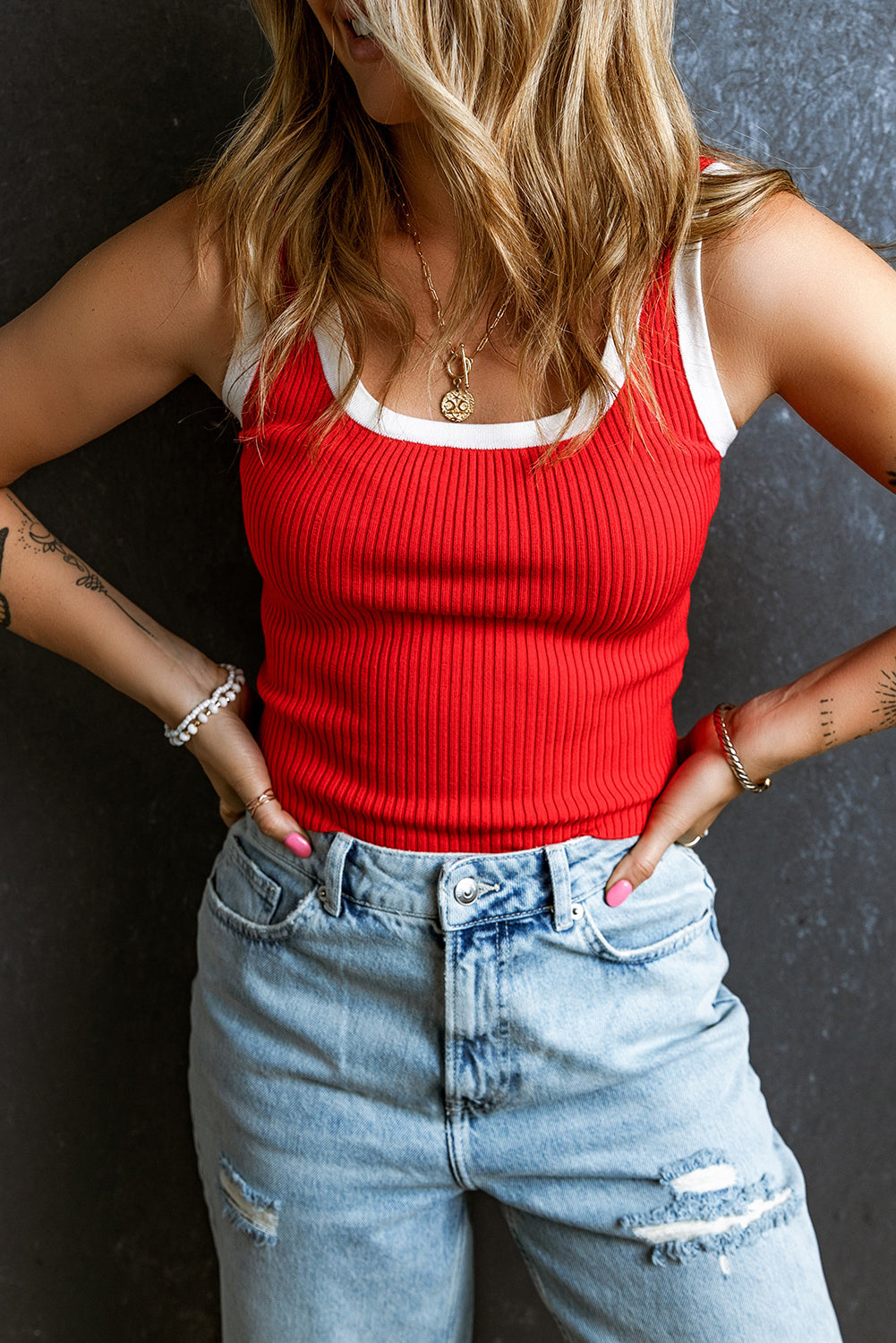 Pink Contrast Trim U Neck Ribbed Knit Tank Top