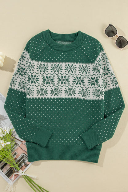 Green Snowflake Dotted Print Round Neck Sweater