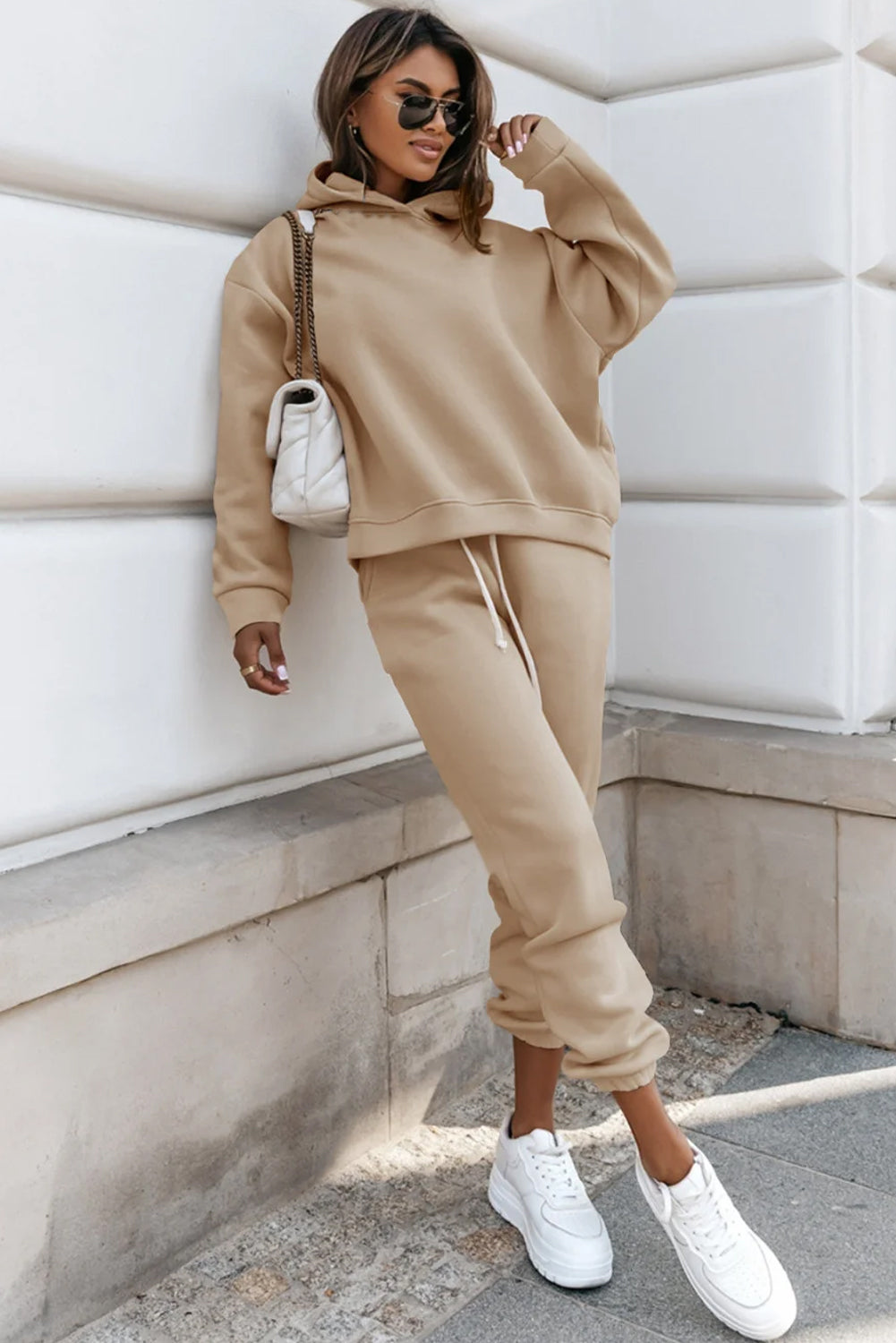 Khaki Solid Color Hoodie and Drawstring Joggers Set