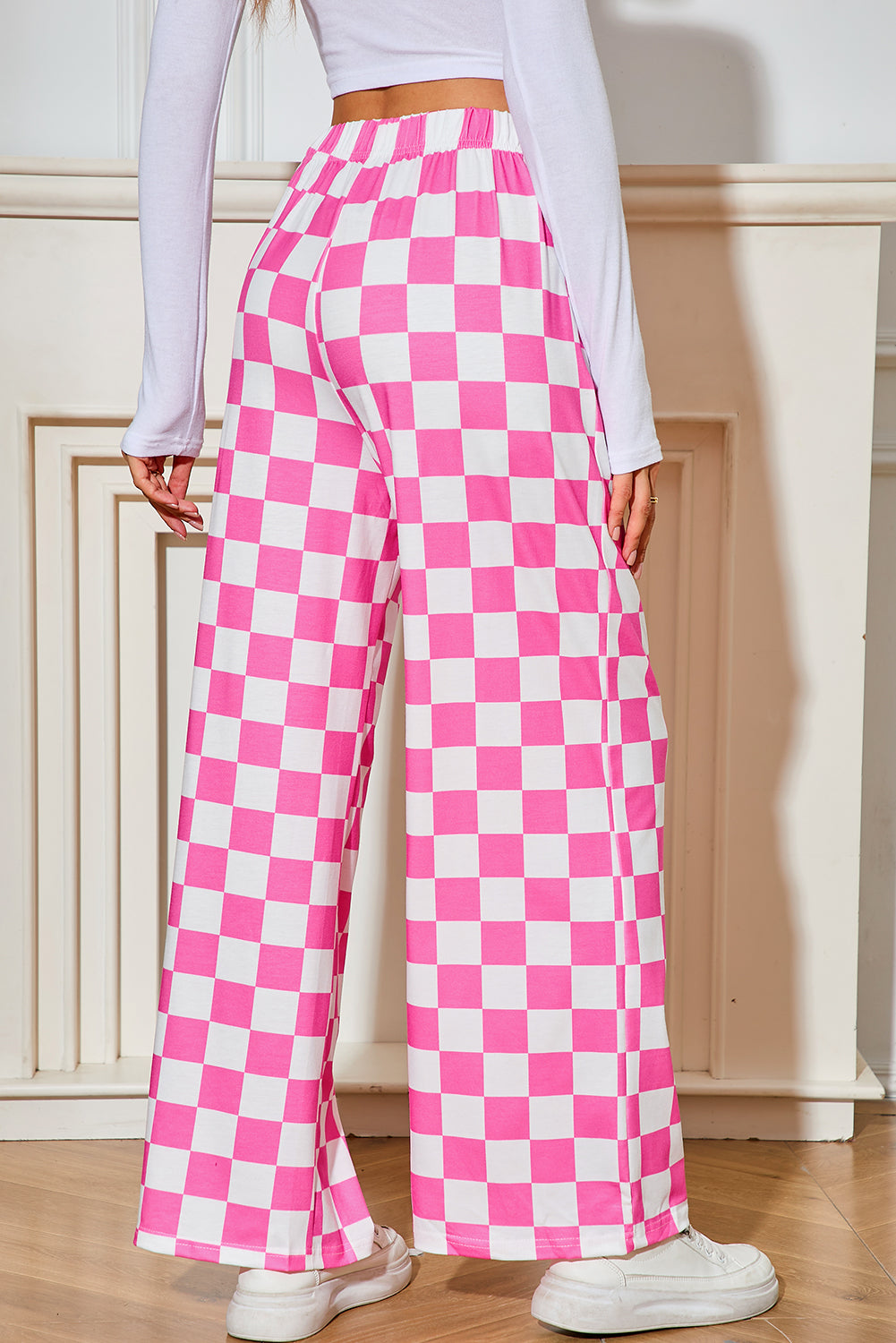 Green Checkered Print High Waist Wide Leg Pants