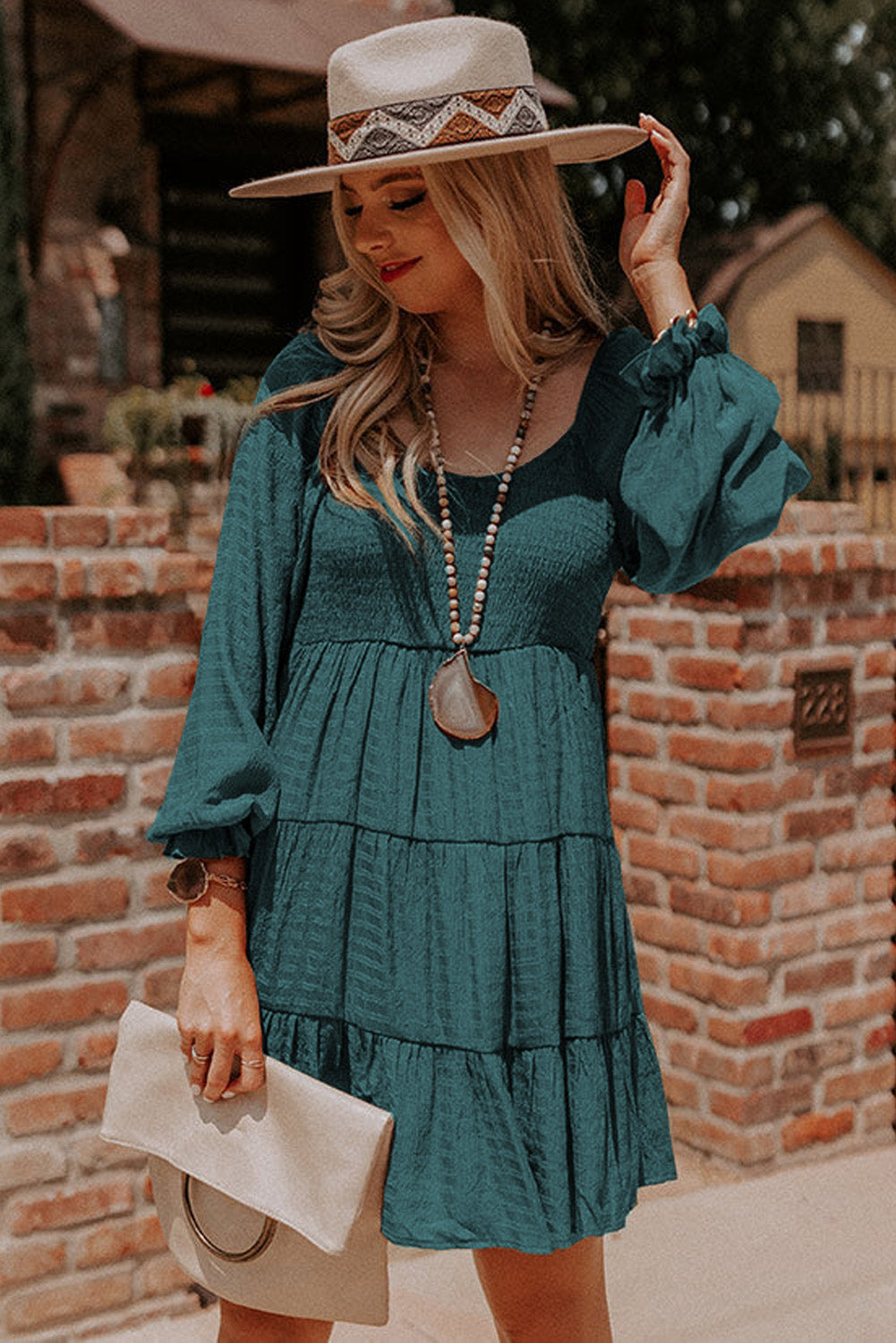 Long Sleeve Smocked Tiered Boho Dress