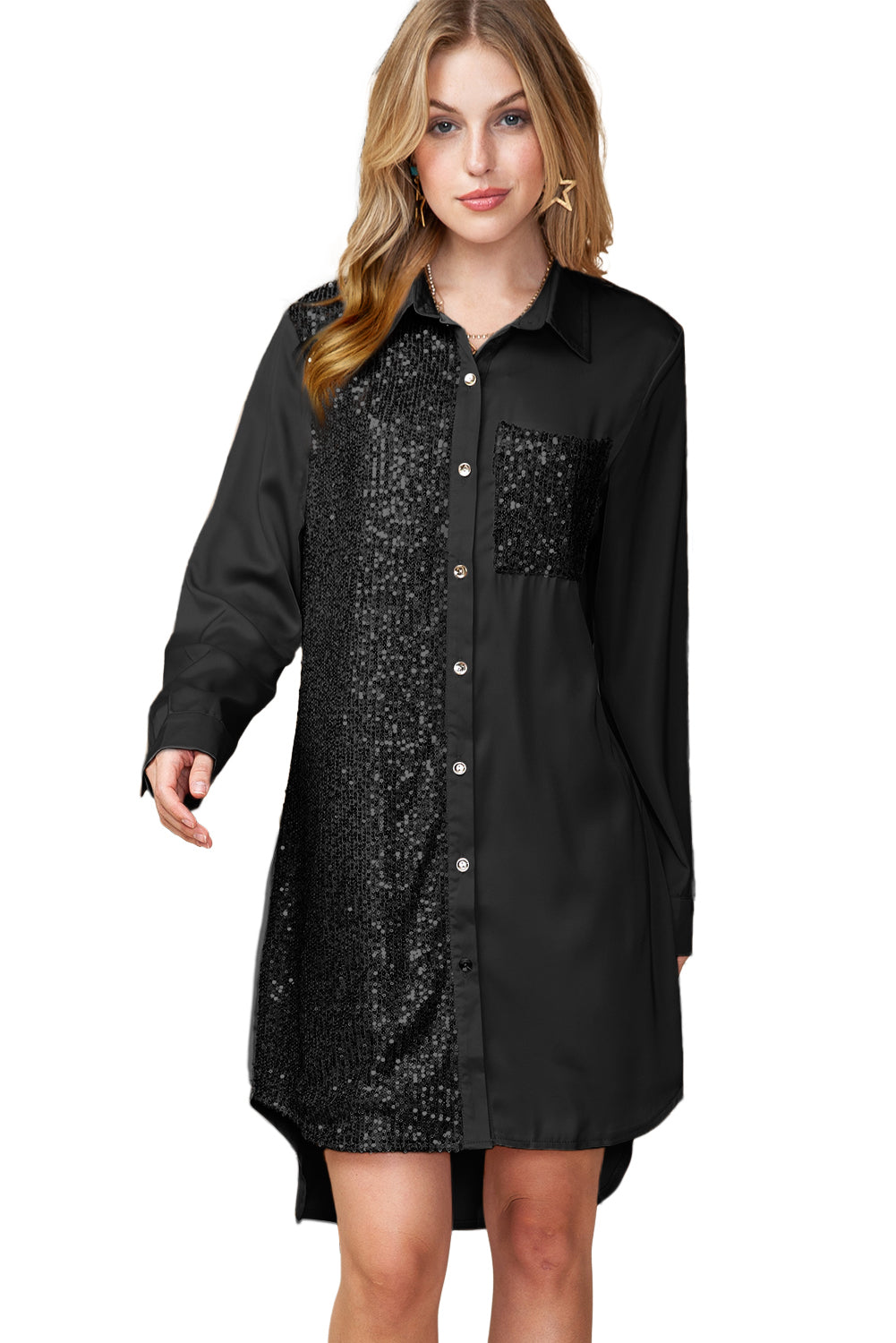 Black Sequin Splicing Pocket Casual Buttoned Shirt Dress