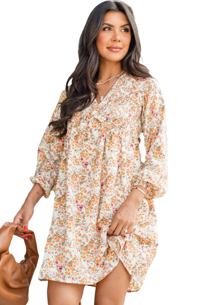 Yellow Boho Floral V Neck Ruffled High Waist Long Sleeve Mini Dress