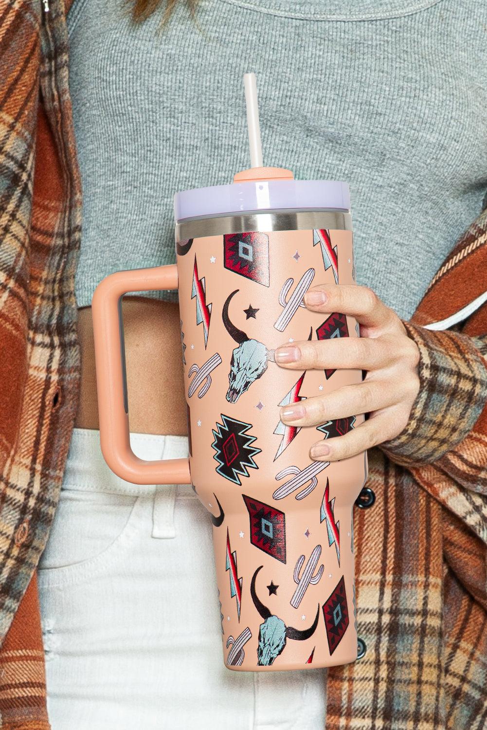 Apricot Pink Mixed Print Steer Head Stainless Tumbler