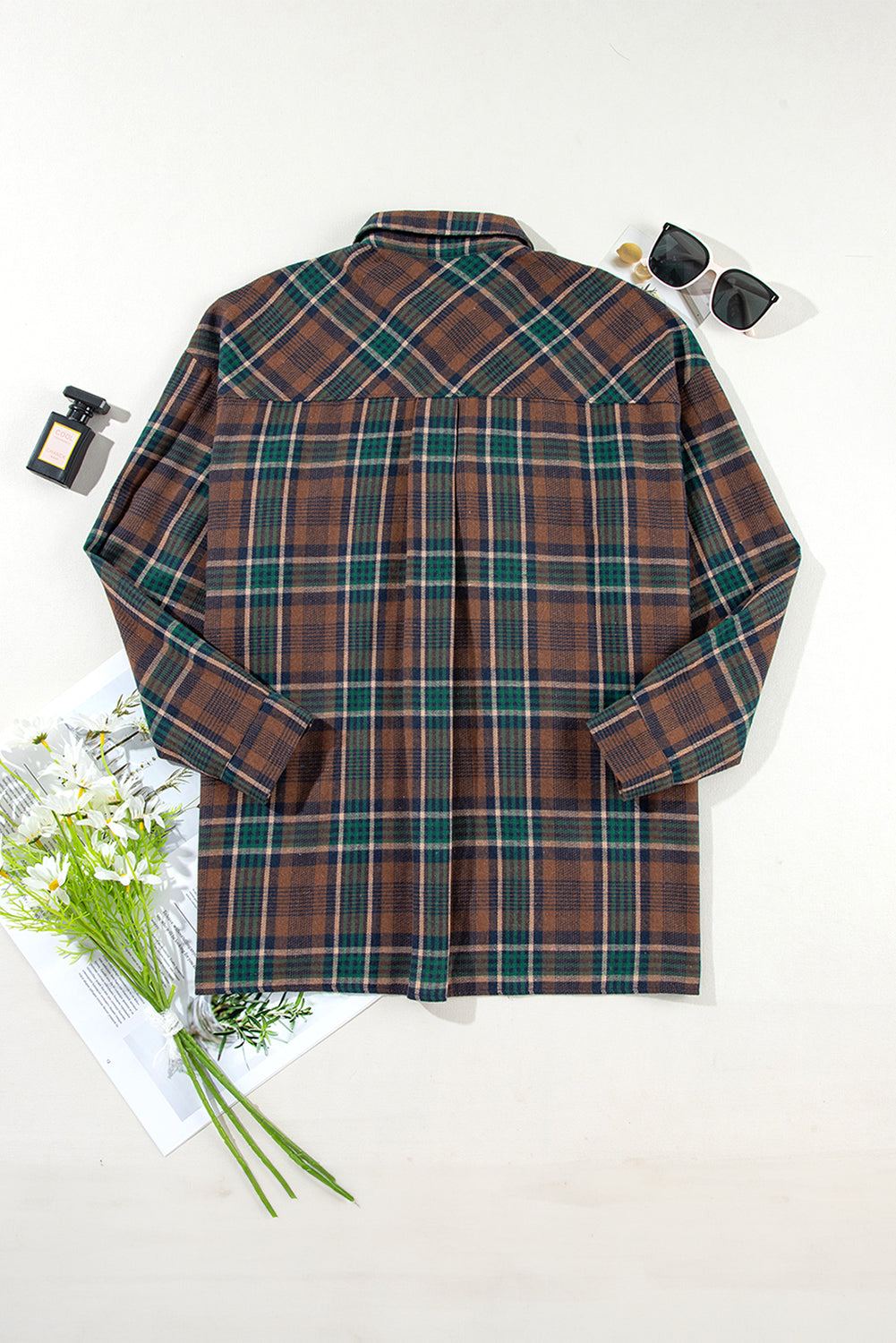 Brown Plaid Print Chest Pockets Buttoned Shacket