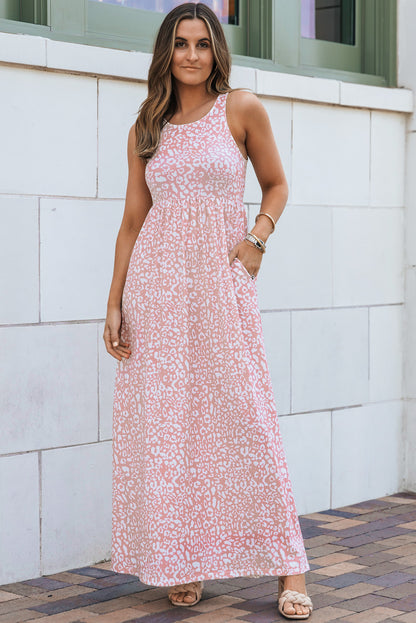 Pink Sleeveless Floor Length Leopard Print Dress