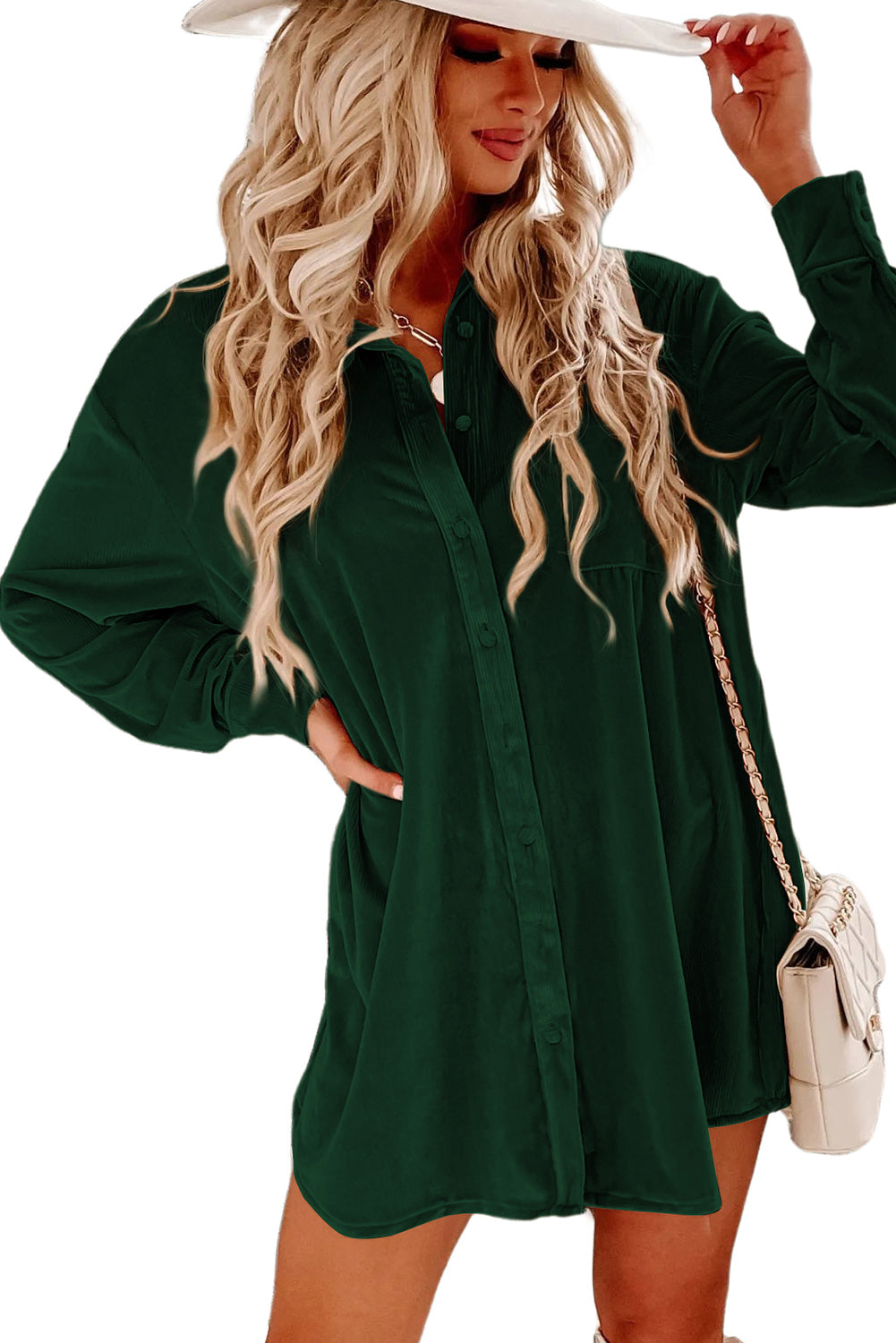 Green Velvet Button Front Shirt Mini Dress