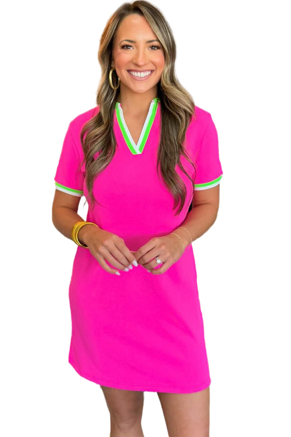 Rose Red Contrast Trim V Neck T-shirt Dress