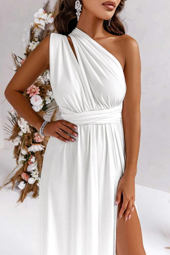 White Ruched High Split Cutout Back Sleeveless Maxi Dress