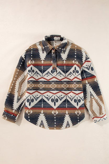 Brown Geometric Print Henley Collared Sweatshirt