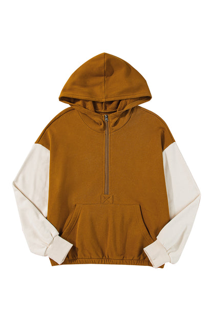 Chestnut Color Block Half Zip Kangaroo Pocketed Hoodie