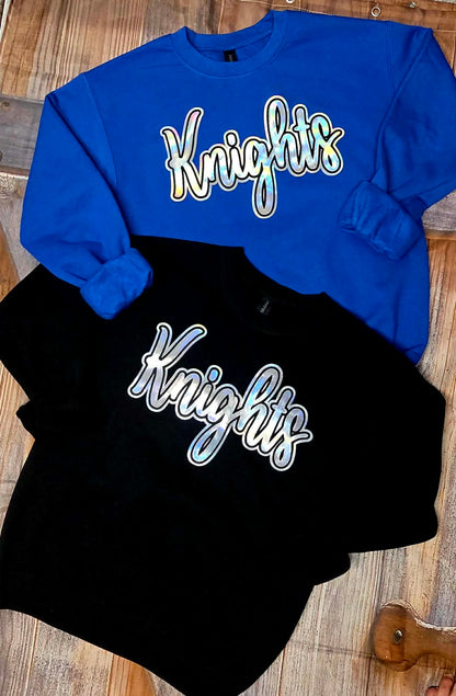 Knights holographic crewneck sweatshirts in royal blue and black