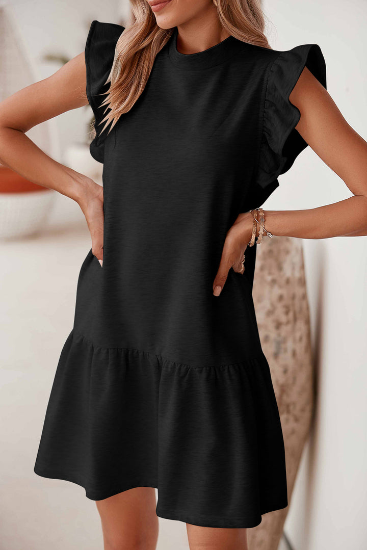 Black Solid Color Ruffle Hem Mini Dress