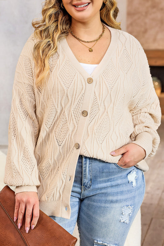 Apricot Knitted Hollow out Button up Plus Size Cardigan