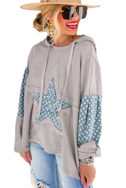 Beau Blue Floral Patchwork Star Pattern Drawstring Hoodie