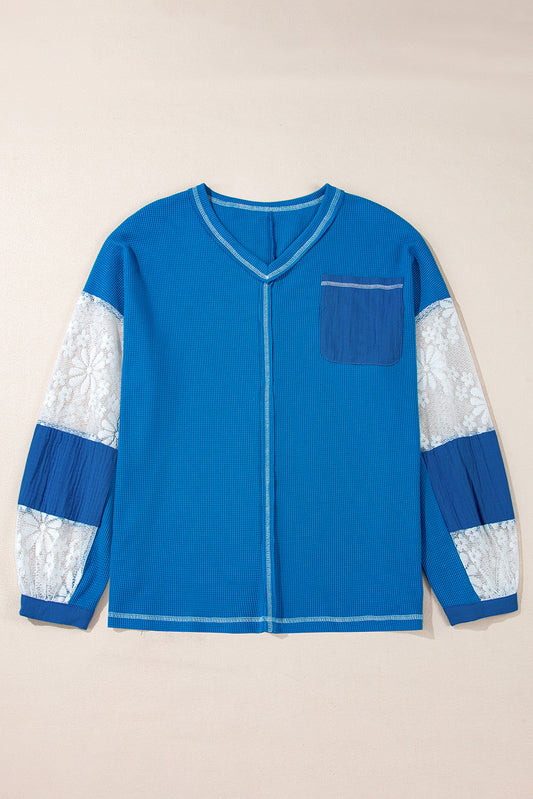 Lace Floral Patchwork Sleeve Stitching V Neck Rib Knit Blouse
