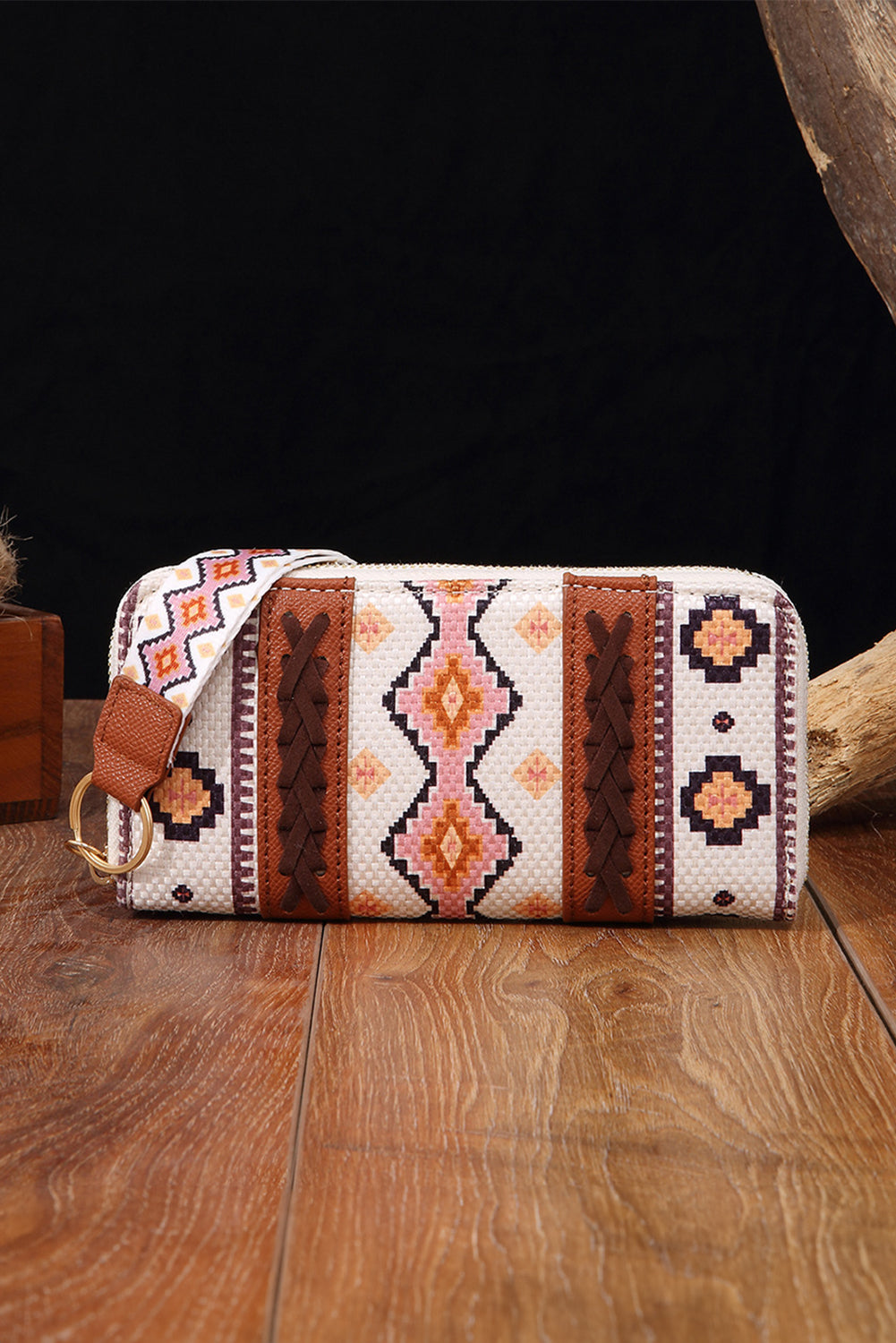 White Geometric Print PU Leather Wristlet Wallet