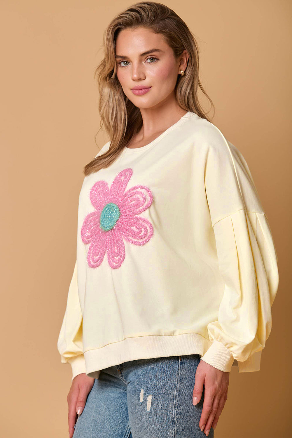 Beige Cute Tinsel Flower Puff Sleeve Sweatshirt