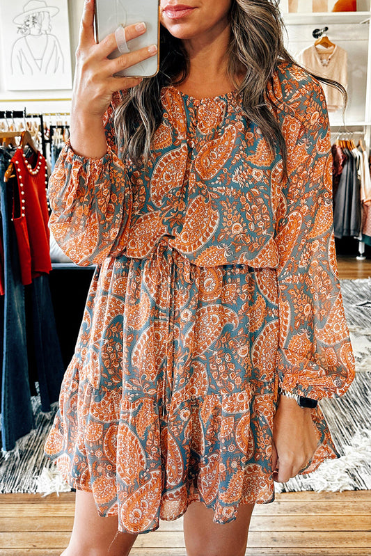 Orange Paisley Print Loose Fit Drawstring High Waist Mini Dress