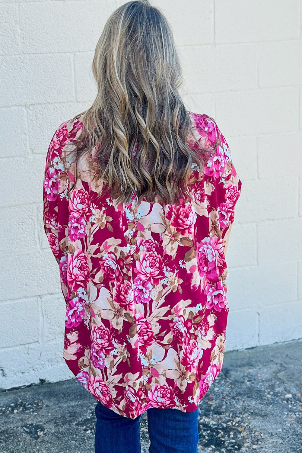 Red Floral Print Half Sleeve Blouse