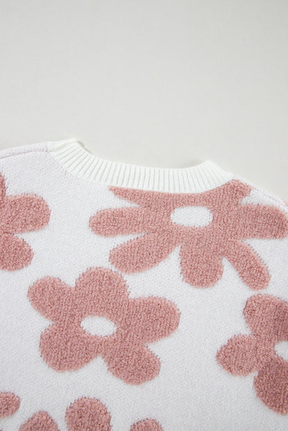 White Vintage Flower Drop Shoulder Loose Sweater