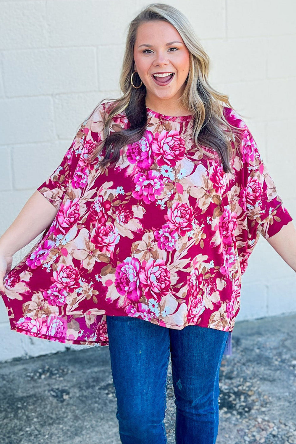 Red Floral Print Half Sleeve Blouse