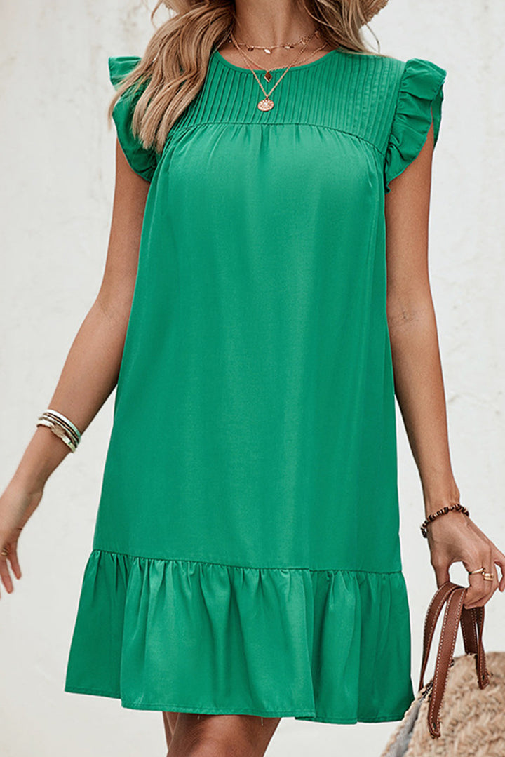 Bright Green Plain Round Neck Ruffle Sleeve Short Dress