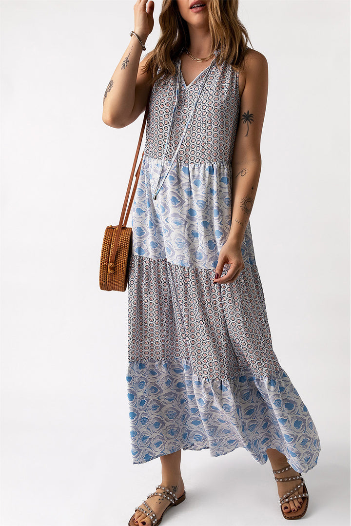 Light Blue Printed Sleeveless V Neck Summer Tiered Dress