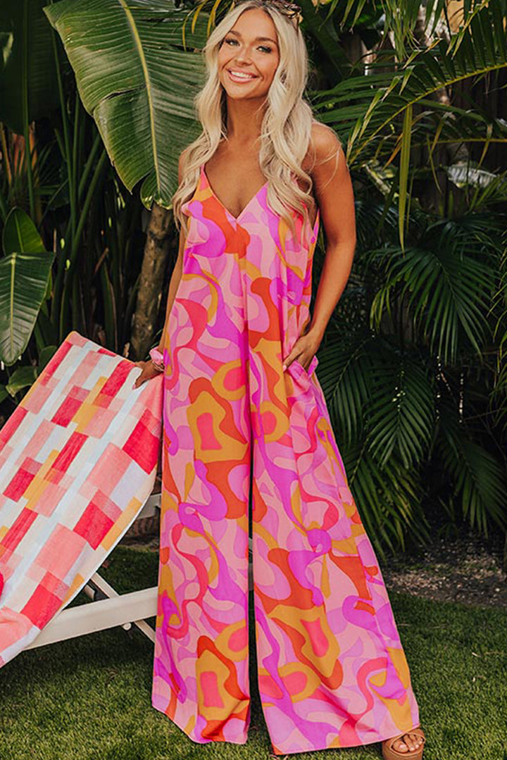 Pink Abstract Print V Neck Slouchy Wide Leg Jumpsuit